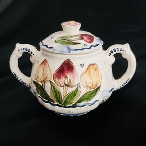 Vintage Delfts Poly Holland Floral Tulip Sugar Dish with Lid Signed